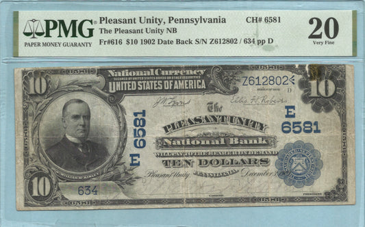 $10 National Currency 1902-DB - Ch#6581 - Pleasant Unity NB, Pleasant Unity, PA - PMG 20