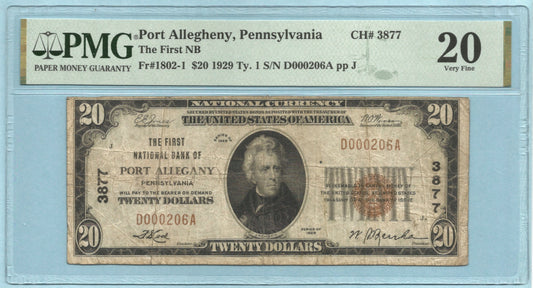 $20 National Currency 1929-T1 Ch#3877 - 1st NB, Port Allegheny, PA - PMG 20