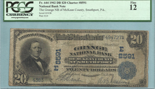 $20 National Currency 1902-DB - Ch#8591 - Grange NB of McKean County, Smethport, PA - PCGS 12