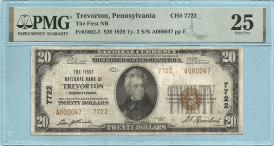 $20 National Currency 1929-T2 - Ch#7722 - 1st NB, Trevorton, PA - PMG 25