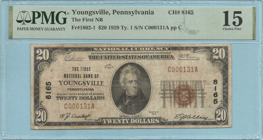 $20 National Currency 1929-T1 - Ch#8165 - 1st NB, Youngsville, PA - PMG 15