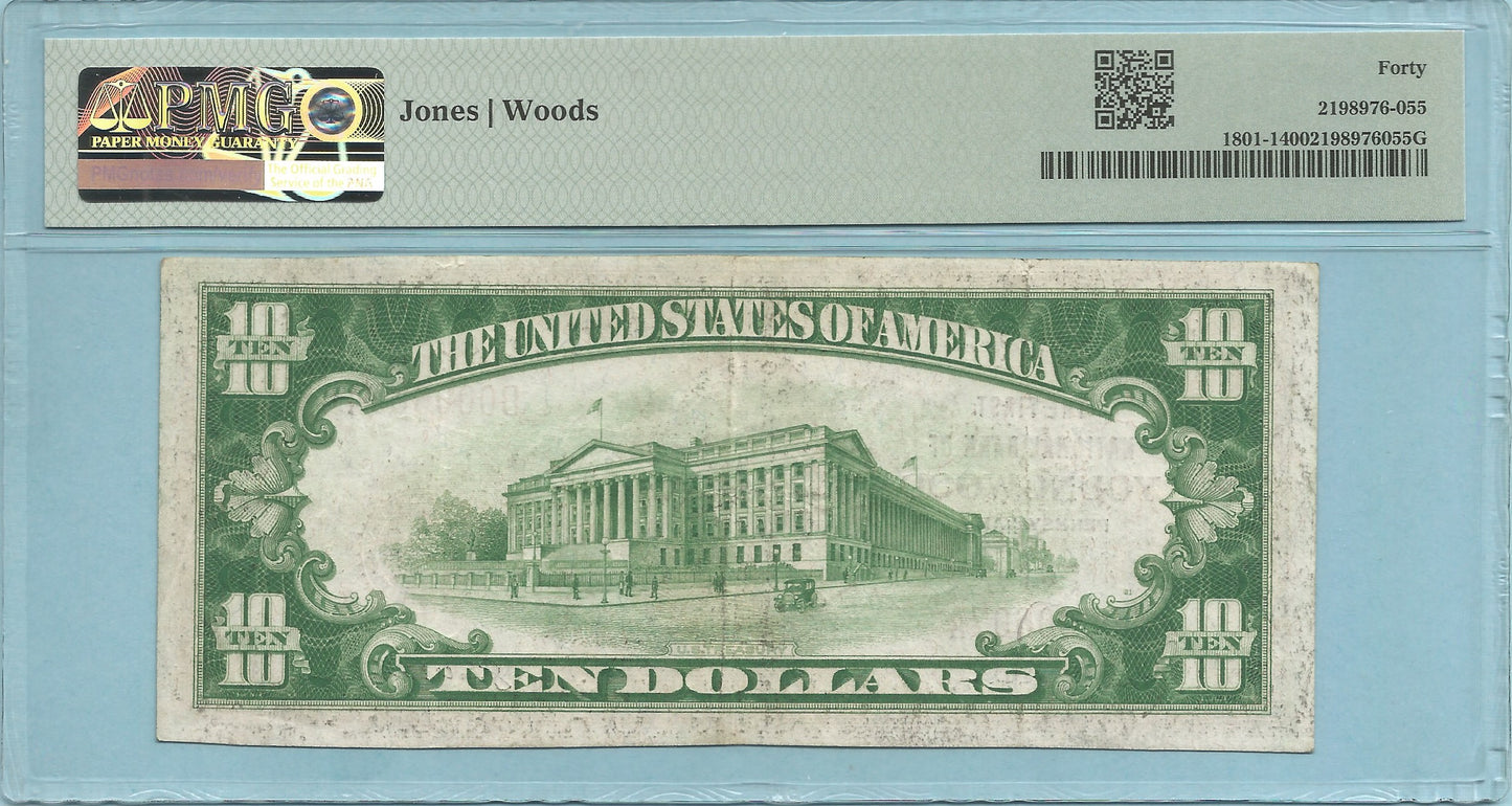 $10 National Currency 1929-T1 - Ch#6500 - 1st NB, Youngwood, PA - PMG 40