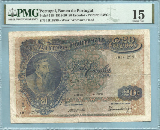 Portugal 20 Escudos 7.7.1920 - P#118 - PMG 15