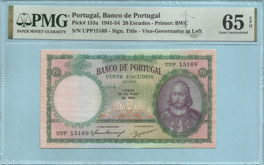 Portugal 20 Escudos 25.5.1954 - P#153a - PMG 65 EPQ