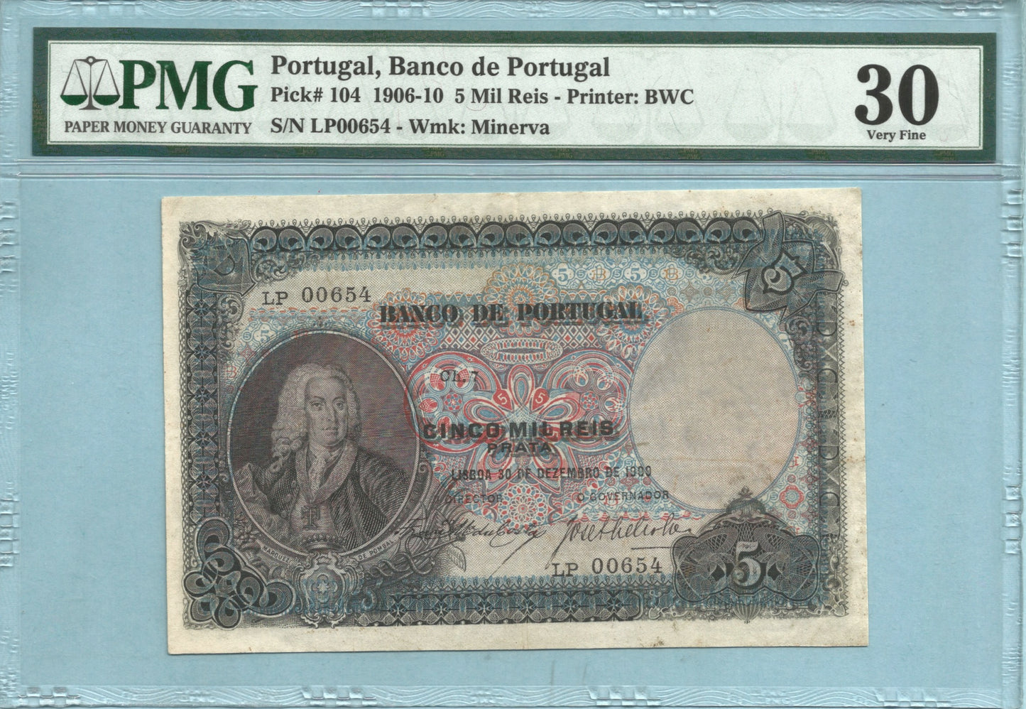 Portugal 5 Mil Reis - 30.12.1909 - P#104 -  PMG 30 - Minor Repairs