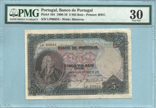 Portugal 5 Mil Reis - 30.12.1909 - P#104 -  PMG 30 - Minor Repairs