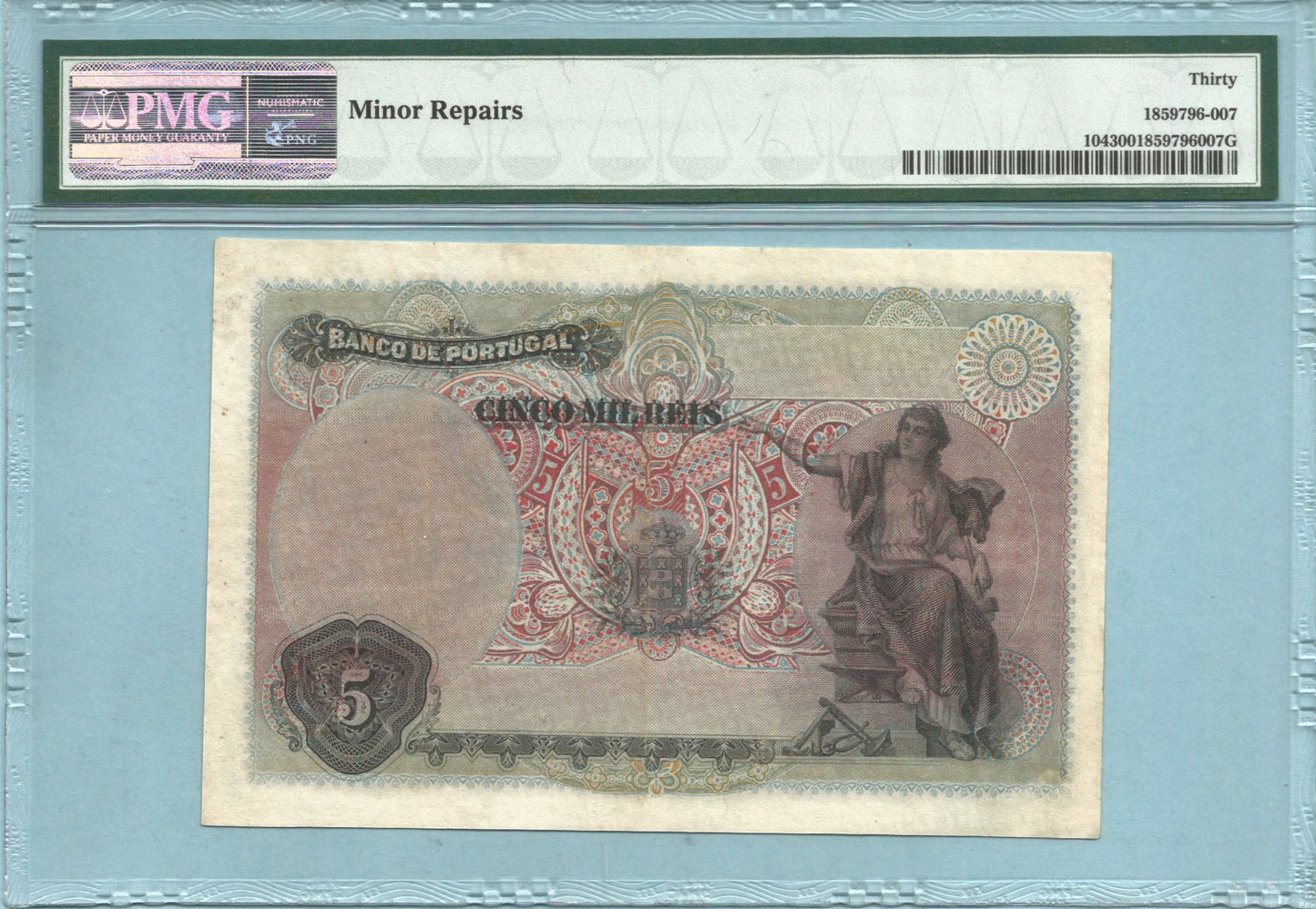 Portugal 5 Mil Reis - 30.12.1909 - P#104 -  PMG 30 - Minor Repairs