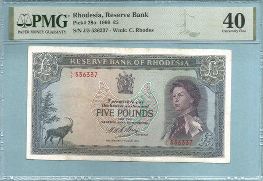 Rhodesia 5 Pounds - 1.7.1966 - P#29a - PMG 40