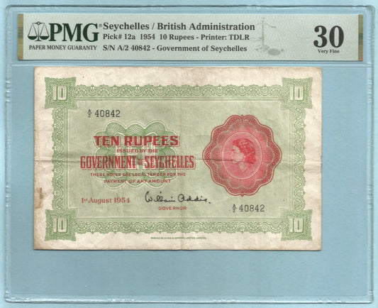Seychelles 10 Rupees 1.8.1954 P#12a Banknote PMG 30 - Stains