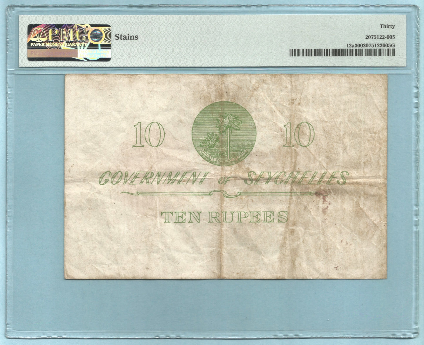 Seychelles 10 Rupees 1.8.1954 P#12a Banknote PMG 30 - Stains