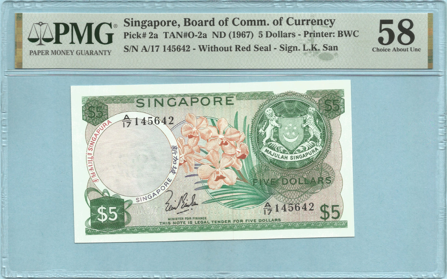 Singapore 5 Dollars - ND(1967-73) - P#2a - PMG 58