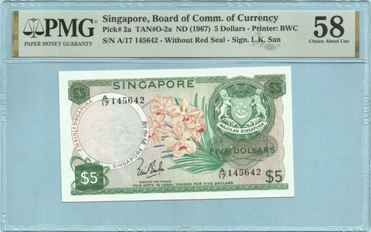 Singapore 5 Dollars - ND(1967-73) - P#2a - PMG 58