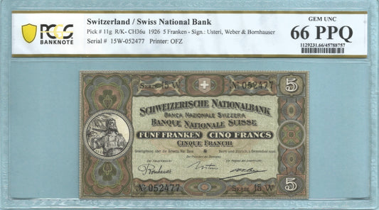 Switzerland 5 Franken - 2.12.1926 - P#11g - PCGS 66 PPQ