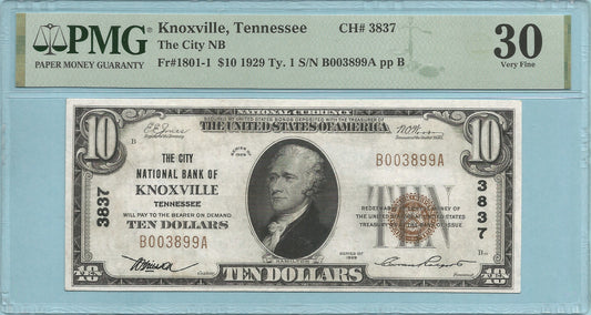 $10 National Currency 1929-T1 - Ch#3837 - City NB, Knoxville, TN - PMG 30