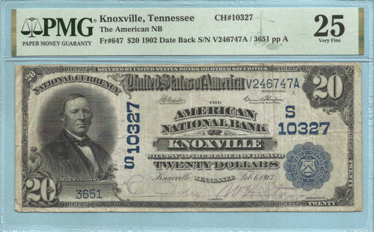 $20 National Currency 1902-DB Ch#10327 - American NB, Knoxville, TN - PMG 25