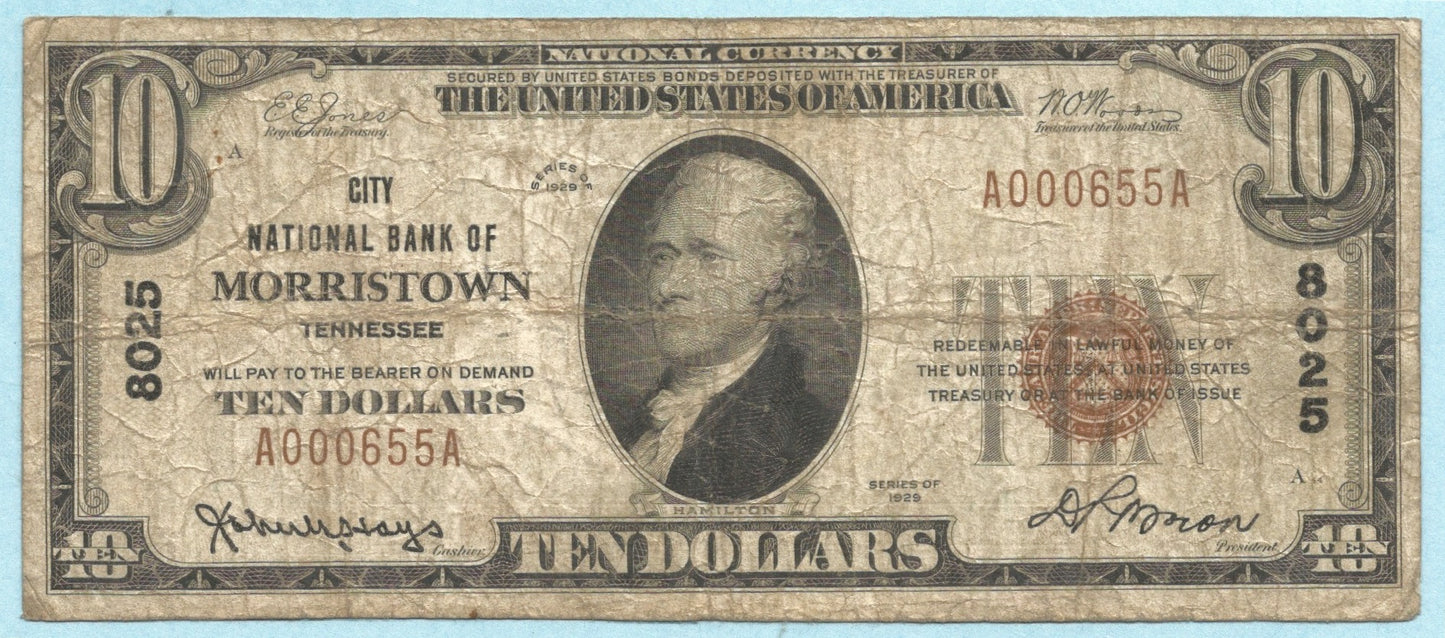 $10 National Currency 1929-T1 - Ch#8025 - City NB, Morristown, TN - F+