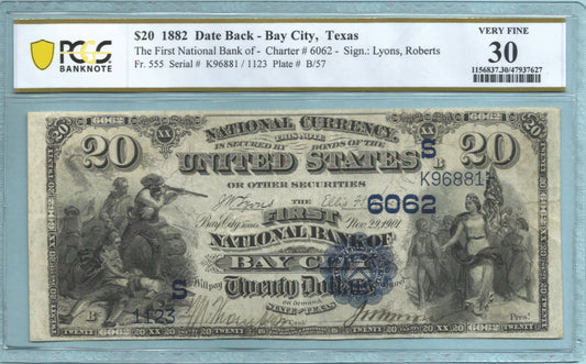 $20 National Currency 1882-DB Ch#6062 - 1st National Bank, Bay City, TX - PCGS 30