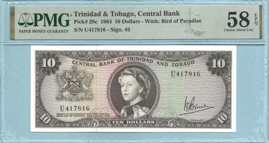Trinidad & Tobago 10 Dollars - L.1964 - P#28c - PMG 58 EPQ