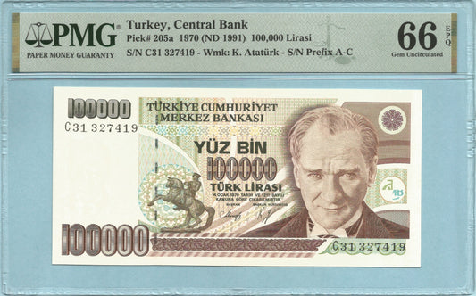 Turkey 100,000 Lira - L.1970(1991) - P#205a - PMG 66 EPQ