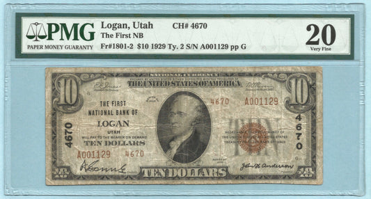 $10 National Currency 1929-T2 - Ch#4670 - 1st NB, Logan, UT - PMG 20