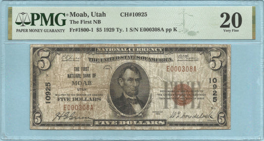 $5 National Currency 1929-T1 - Ch#10925 - 1st NB, Moab, UT - PMG 20