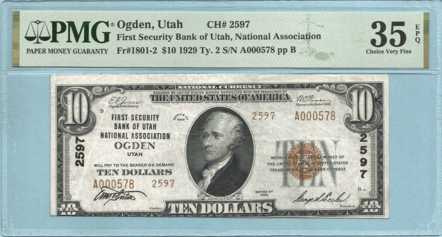 $10 National Currency 1929-T1 Ch#2597 - 1st Security Bank of Utah NA - Ogden, UT - PMG 35 EPQ