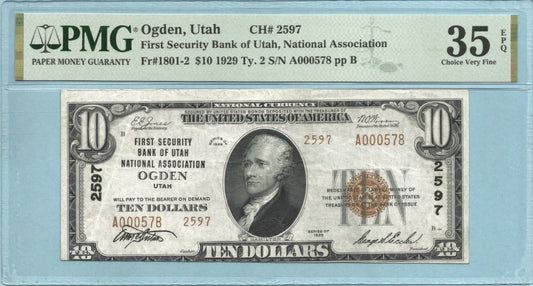 $10 National Currency 1929-T1 Ch#2597 - 1st Security Bank of Utah NA - Ogden, UT - PMG 35 EPQ
