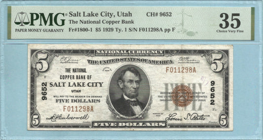$5 National Currency 1929-T1 Ch#9652 - Nat Copper Bank, Salt Lake City, UT - PMG 35