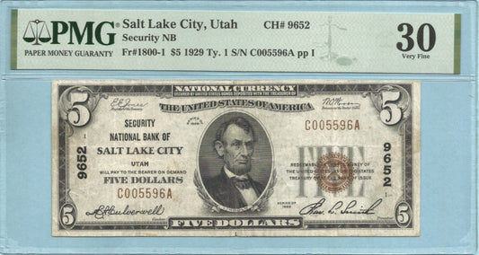$5 National Currency 1929-T1 - Ch#9652 - Security NB, Salt Lake City, UT - PMG 30