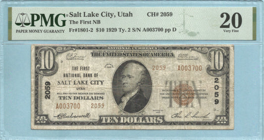 $10 National Currency 1929-T2 - Ch#2059 - 1st NB, Salt Lake City, UT - PMG 20