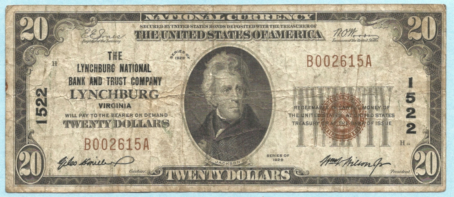 $20 National Currency 1929 T1 - Ch#1522 - Lynchburg NB&T, Lynchburg, VA - F+/VF