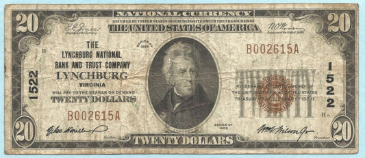 $20 National Currency 1929 T1 - Ch#1522 - Lynchburg NB&T, Lynchburg, VA - F+/VF