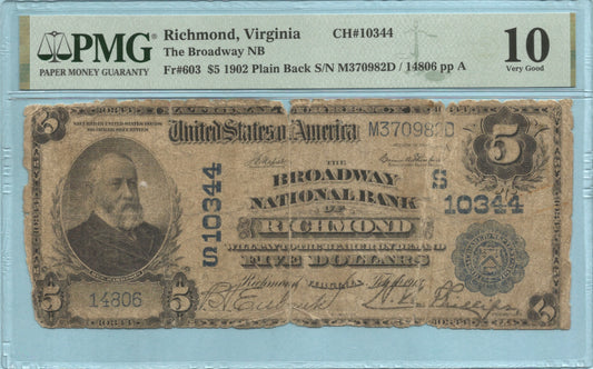 $5 National Currency 1902-PB - Ch#10344 - Broadway NB, Richmond, VA - PMG 10