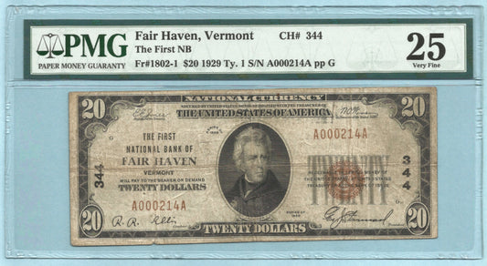 $20 National Currency 1929-T1 - Ch#344 - 1st NB, Fair Haven, VT - PMG 25