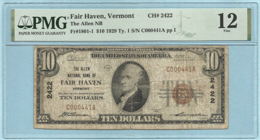 $10 National Currency 1929-T1 - Ch#2422 - Allen NB, Fair Haven, VT - PMG 12