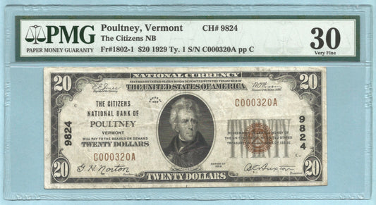 $20 National Currency 1929-T1 - Ch#9824 - Citizens NB, Poultney, VT - PMG 30