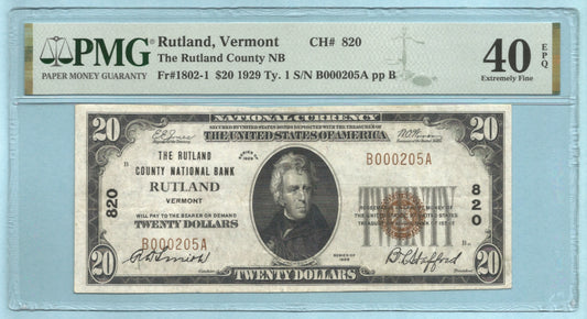 $20 National Currency 1929-T1 - Ch#820 - Rutland County NB, Rutland, VT - PMG 40 EPQ