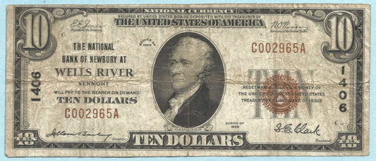 $10 National Currency 1929-T1 - Ch#1406 - NB of Newbury, Wells River, VT - VF