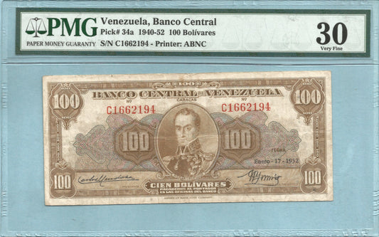 Venezuela 100 Bolivares - 17.1.1952 - P#34a - PMG 30