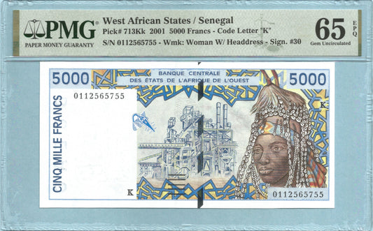West African States 5000 Francs - (20)01 - P#713Kk - PMG 65 EPQ - K - Senegal - Sign#30