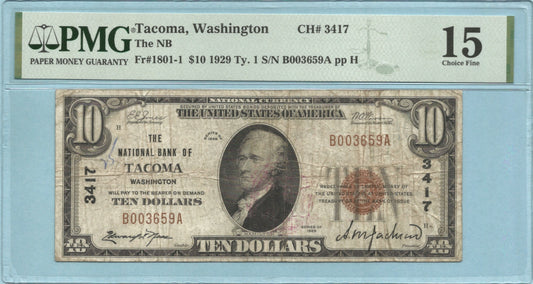 $10 National Currency 1929-T1 - Ch#3417 - 1st NB, Tacoma, WA - PMG 15