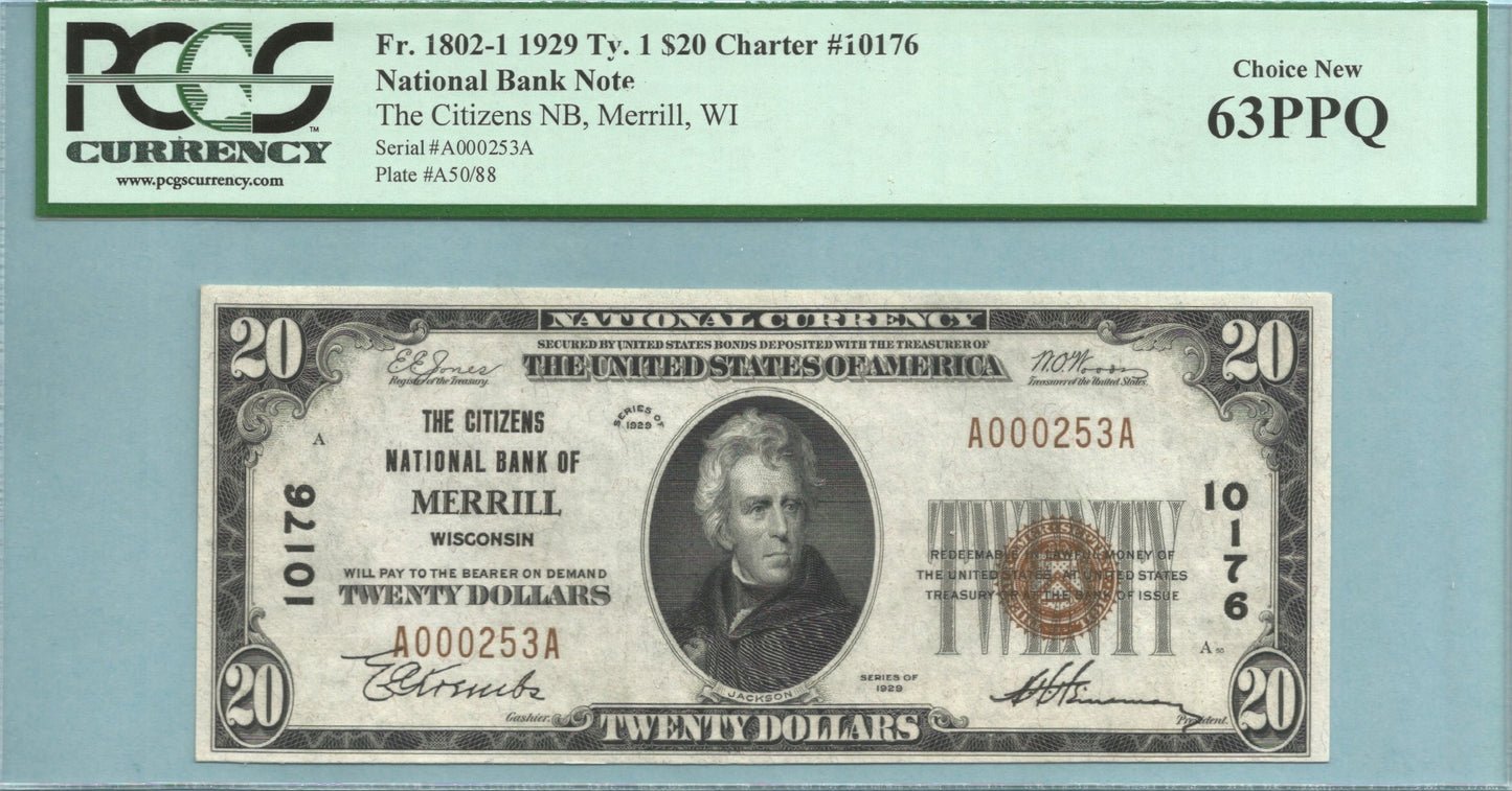 $20 National Currency 1929-T1 - Ch#10176 - Citizens NB, Merrill, WI - PCGS 63PPQ