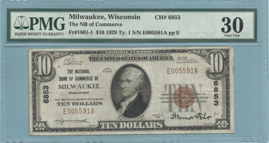 $10 National Currency 1929-T1 - Ch#6853 - NB of Commerce, Milwaukee, WI - PMG 30