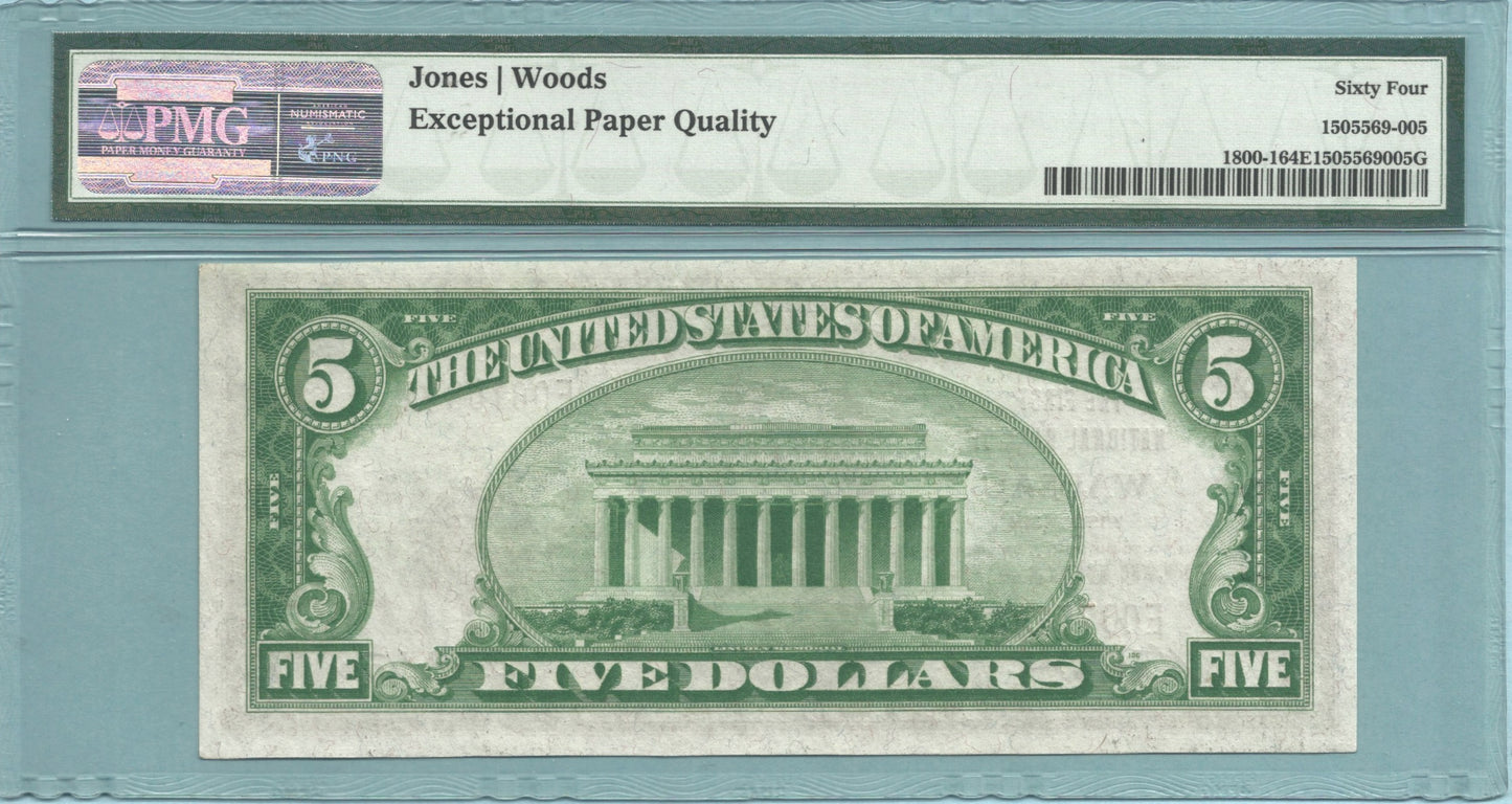 $5 National Currency 1929-T1 - Ch#2820 - 1st NB, Wausau, WI - PMG 64 EPQ